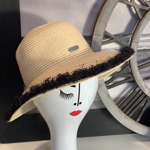 San Diego Hat Company Paper Straw Woven Wide Brim Black Fringe One Size Hat - Picture 1 of 12